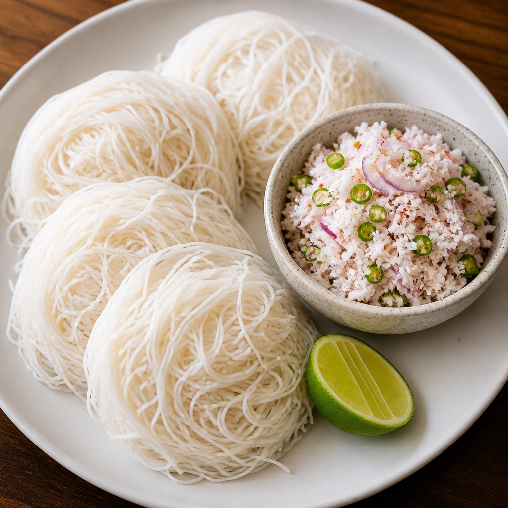 Idiyappam mit Pol Sambol