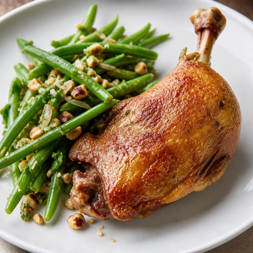 Confit de Canard tiède, salade de haricots verts et noisettes