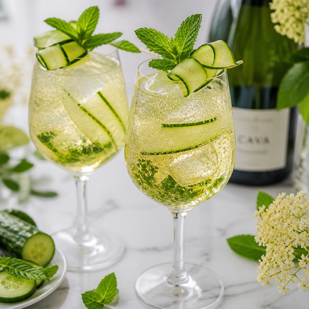 Cava mit Holunderblüte und Gurke
