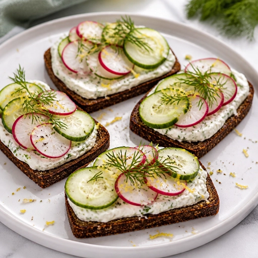 Pumpernickelbrotchen mit Frischkase, Gurke und Dill