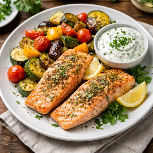 Salmon with Roasted Vegetables and Herb Quark