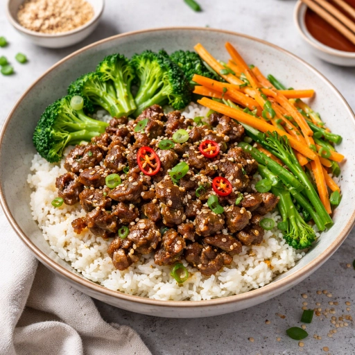 Beef Rice Bowl with Garlic Sesame and Vegetables