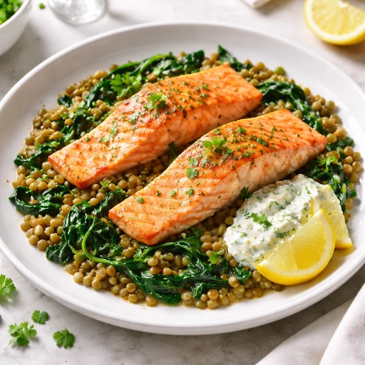 Baked Salmon with Warm Lentils, Spinach, and Lemon-Herb Yogurt