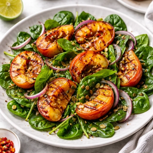 Grilled Peach Spinach Salad with Chili and Lime