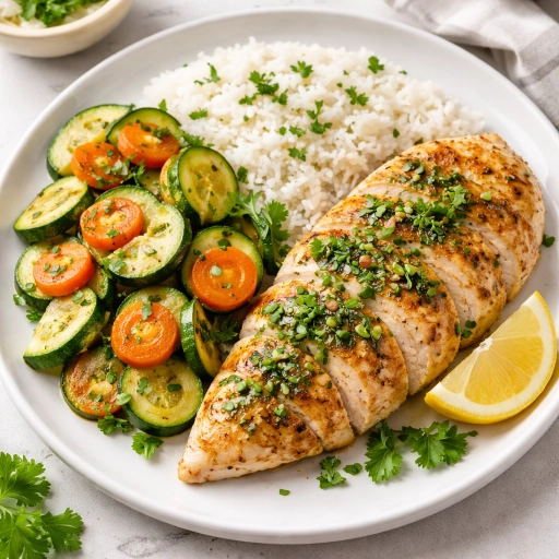Pan-seared chicken with soft herbs, sautéed zucchini & carrots, and white rice