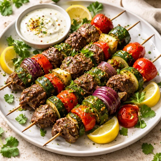 Zhoug-Marinated Beef Skewers with Charred Vegetables
