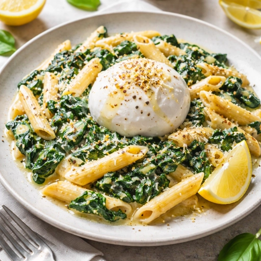 Pasta with Burrata, Japanese Spinach, and Lemon