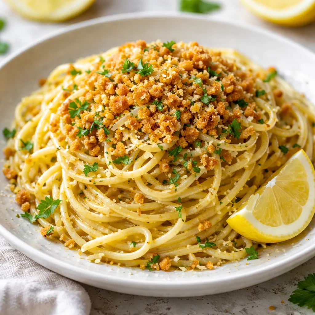 Lemon Butter Pasta with Crispy Breadcrumb Topping