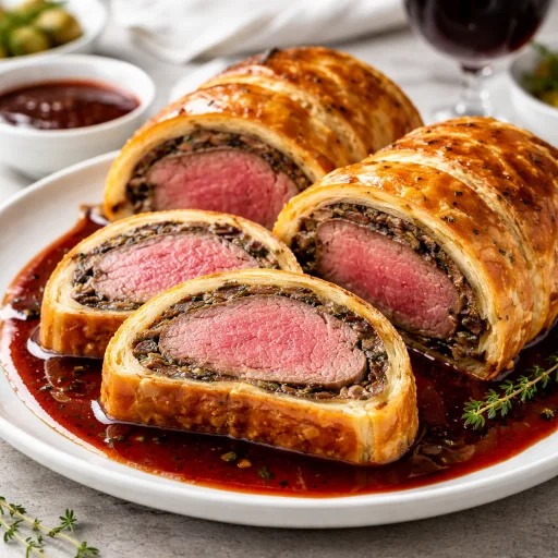 Beef Fillet in Herb Puff Pastry with Red Wine Sauce