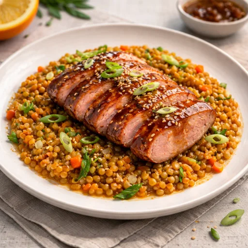 Crispy Duck Breast with Honey Soy Glaze and Orange Ginger Lentils
