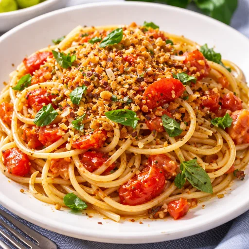 Tomato Basil Pasta with Garlic Breadcrumb Crunch
