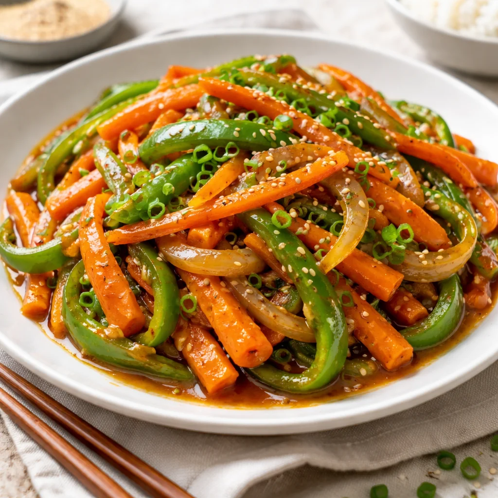 Karotten und grüne Paprika Teriyaki-Stil Pfannengericht