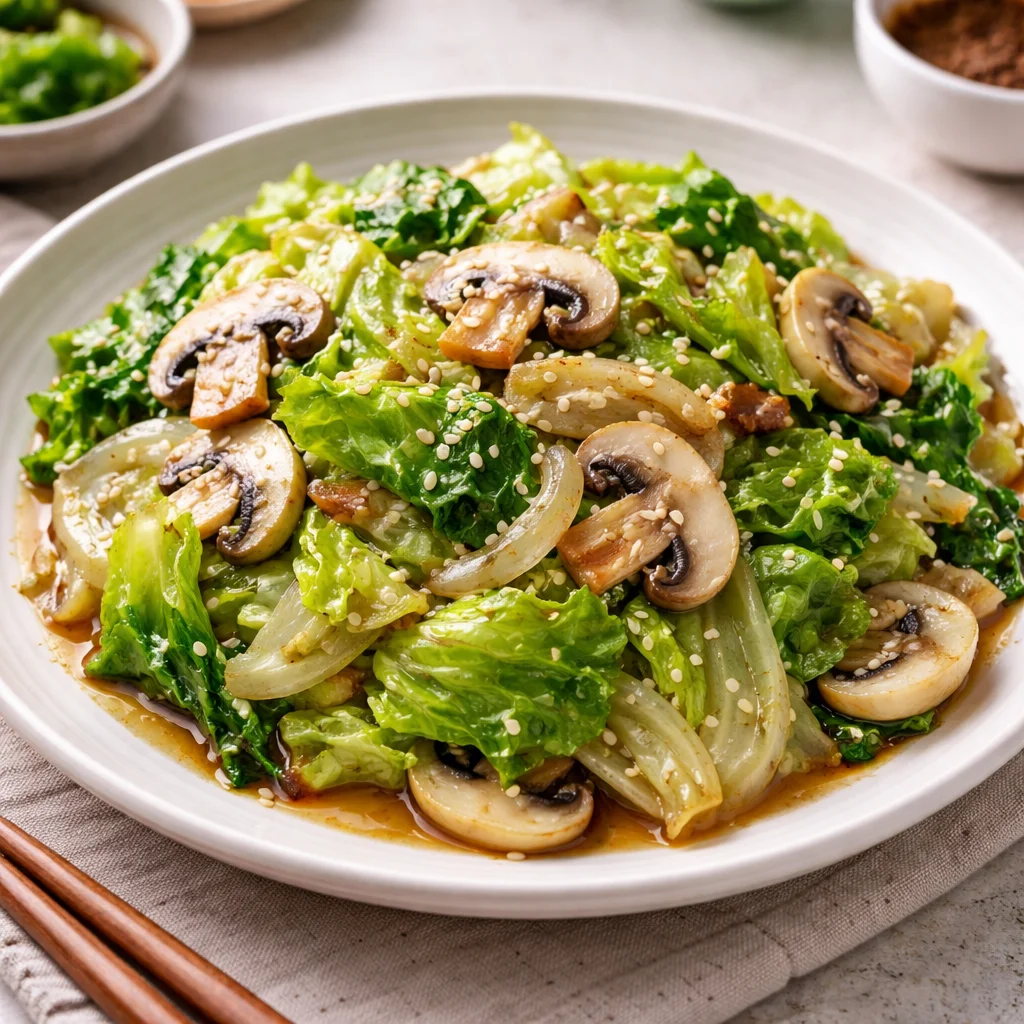 Gebratener Salat mit Knoblauch und Champignons