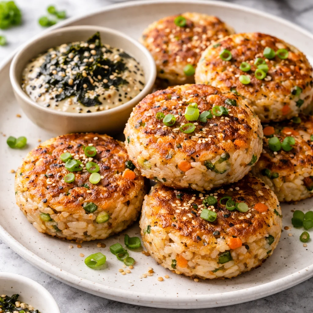 Gebratene Thunfisch-Reis-Taler mit Nori-Dip