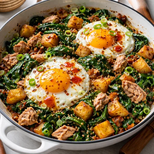 Warm Tuna, Egg & Spinach Skillet Hash