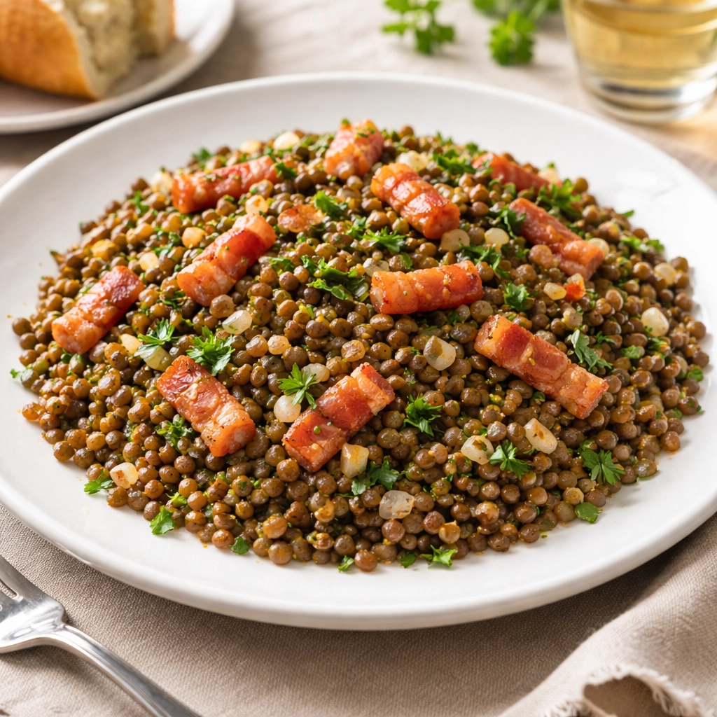 Salade tiède de lentilles aux lardons