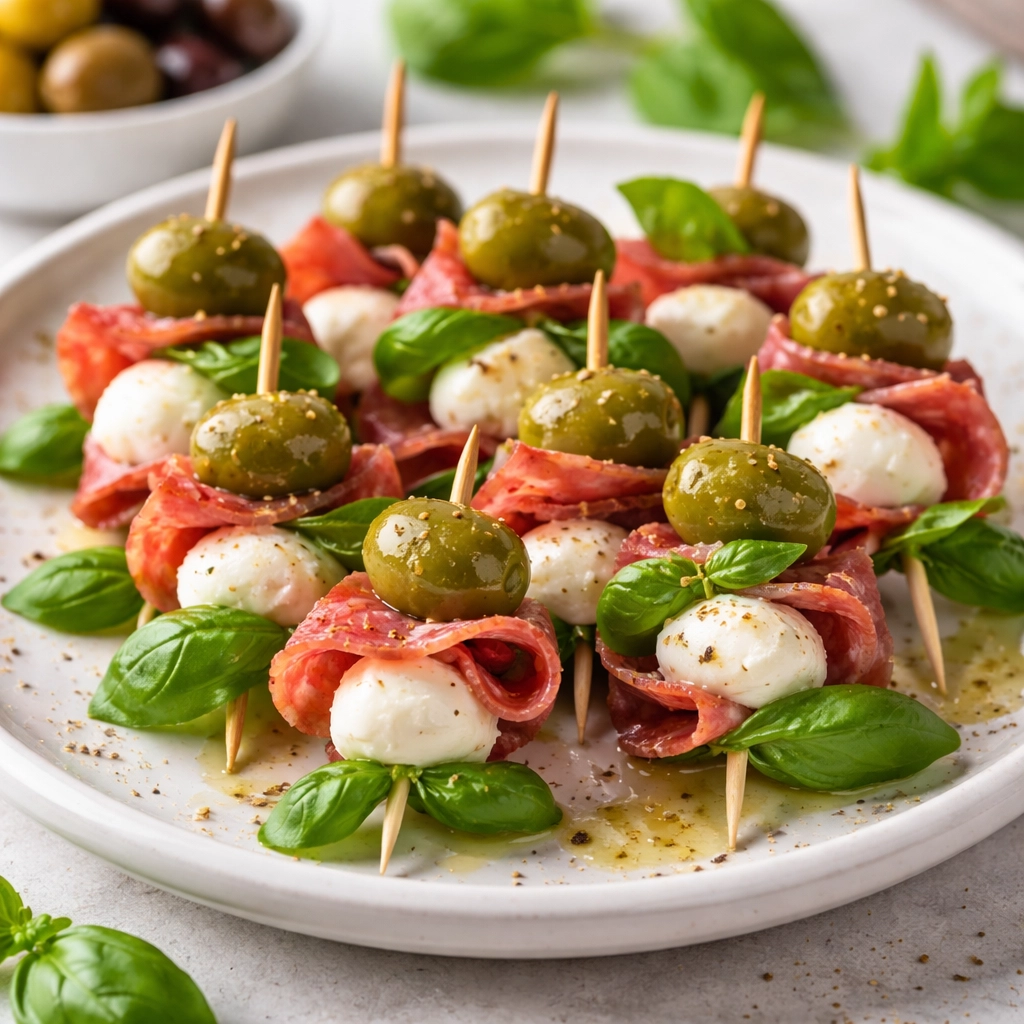 Spiedini di Salame, Mozzarella e Olive