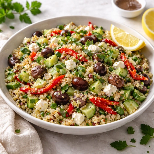 Quinoa Salad with Roasted Pepper, Olive and Feta