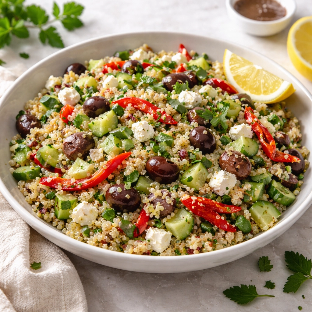 Quinoa Salad with Roasted Pepper, Olive and Feta